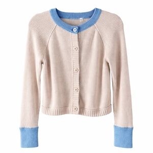 RD Style Contrast Collar Cotton Cardigan Sweater Cream Blue Size Small